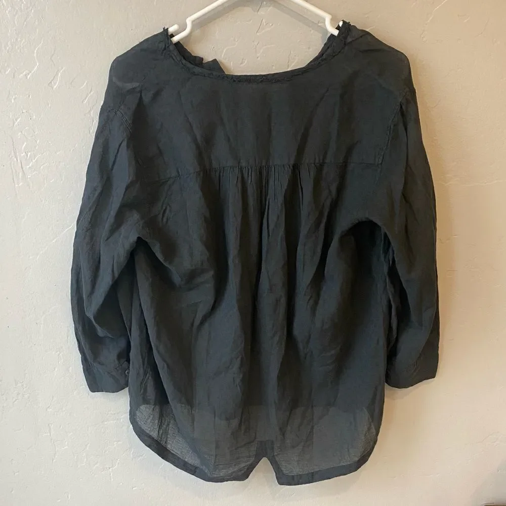 Pomandère Italy Woven Gauzy 3/4 Sleeve Button Front Top in Charcoal Black